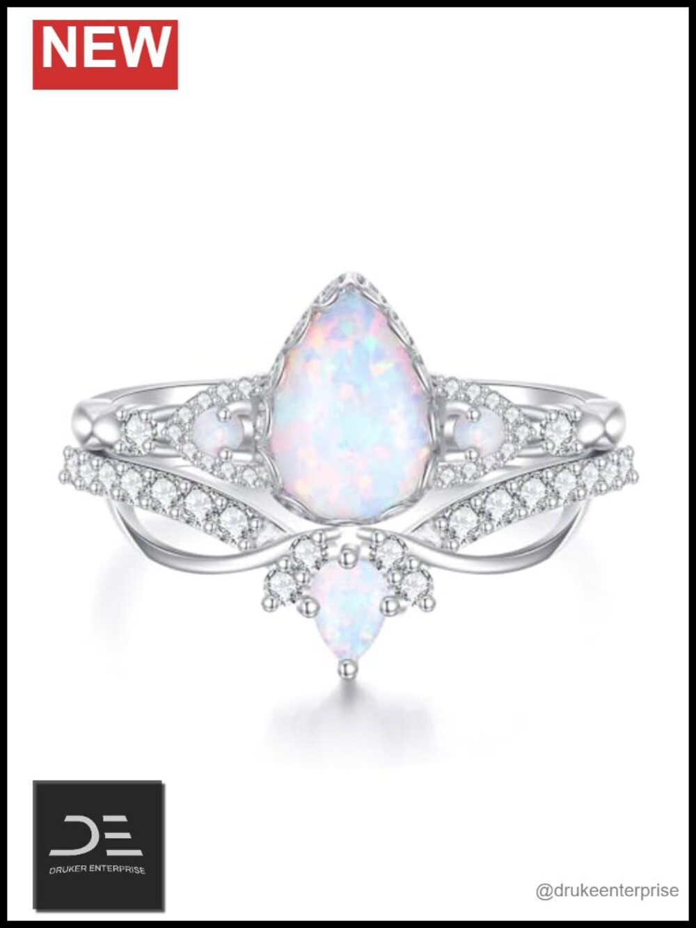 Pear Shaped Opal Engagement Ring Set 925 Sterling Silver Wedding Ring Set 2pcs